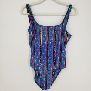 Vintage 90s Jantzen Geometric One Piece Swimsuit Womens 16 Blue Purple High Cut
